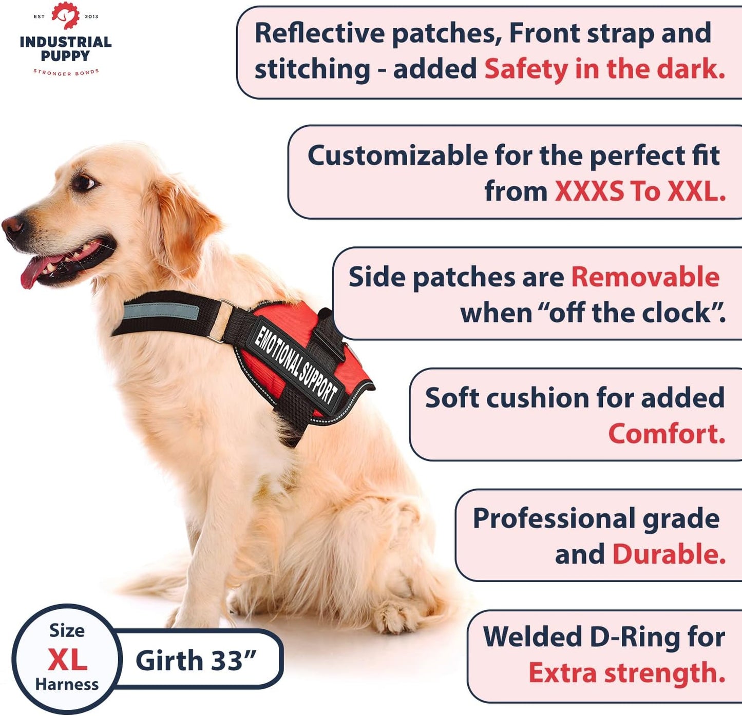 Emotional Support Dog Vest Harness with Reflective Straps, Interchangeable Patches, and Matching ESA Leash Set - ESA Dog Vest in 7 Adjustable Sizes - Heavy Duty Vests for Working or in Training Dogs