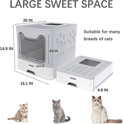 Foldable Portable Travel Extra Large Covered Cat Litter Box with Lid Top Entry Enclosed Anti-Splashing Easy to Clean Kitty Litter Box (Gray)