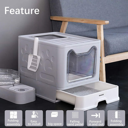 Foldable Portable Travel Extra Large Covered Cat Litter Box with Lid Top Entry Enclosed Anti-Splashing Easy to Clean Kitty Litter Box (Gray)